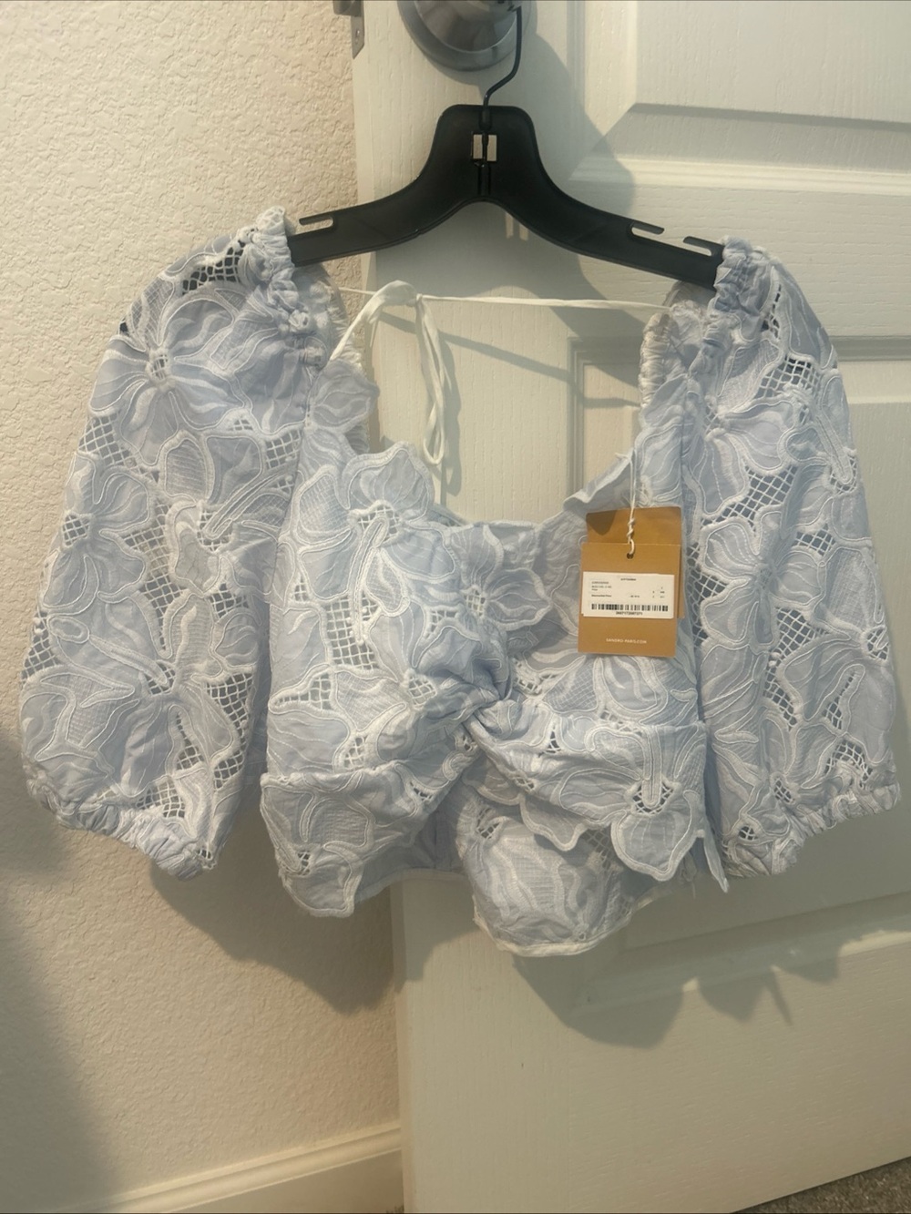 Sandro Roseraie Embroidered Floral Crop Top Lace Light Blue Ciel Size 2/M $345 - Picture 3 of 6